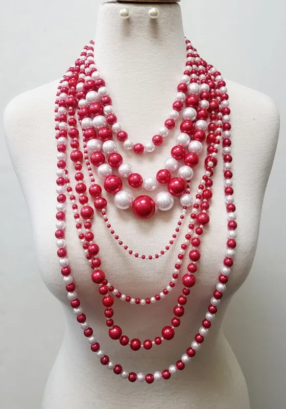 RED WHITE PEARL NECKLACE SET ( 11196 RDWH ) made by Oh My Jewelry