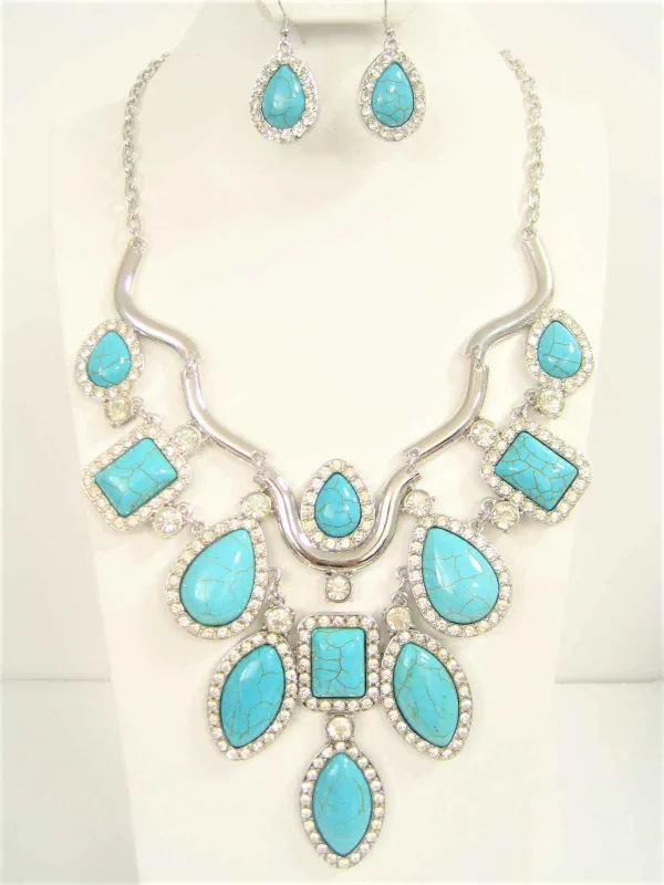 SILVER NECKLACE SET TURQUOISE CLEAR STONES ( 4852 TQ ) sold by Oh My Jewelry