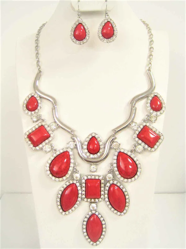 SILVER NECKLACE SET RED CLEAR STONES ( 4852 RD ) made by Oh My Jewelry