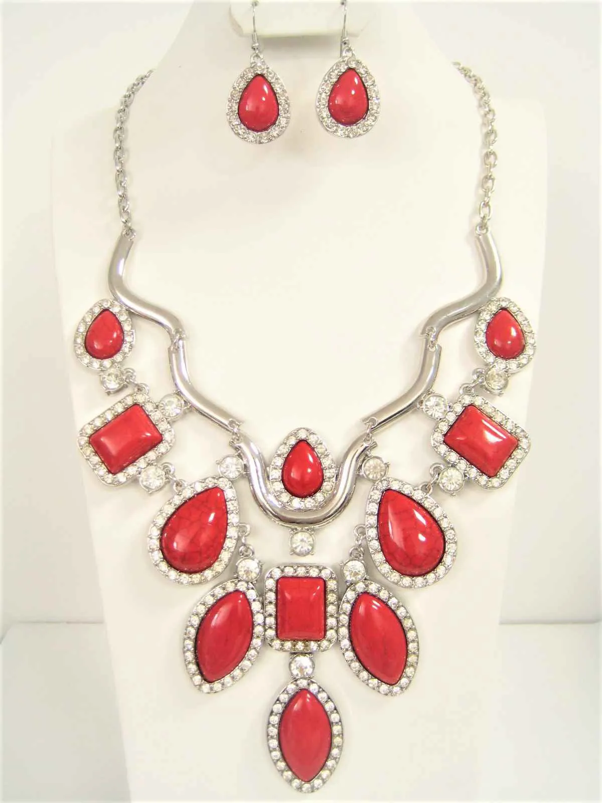 SILVER NECKLACE SET RED CLEAR STONES ( 4852 RD ) sold by Oh My Jewelry