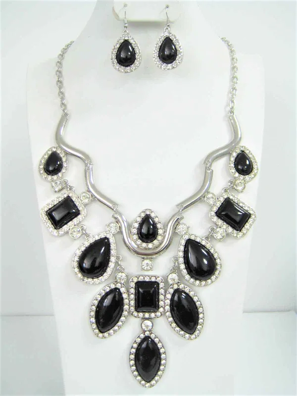 SILVER NECKLACE SET BLACK CLEAR STONES ( 4852 BK ) sold by Oh My Jewelry