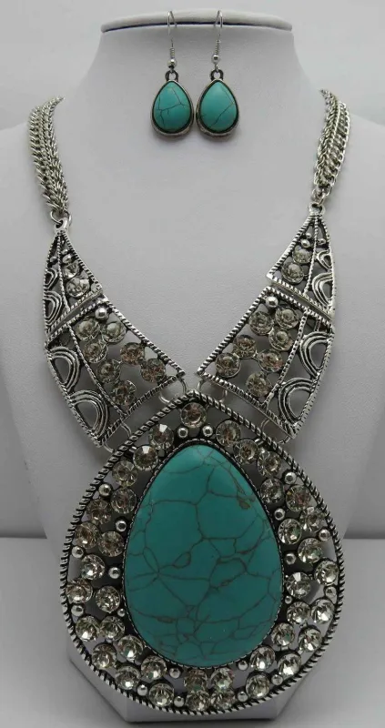 SILVER NECKLACE SET TURQUOISE CLEAR STONES ( 3019 TQ ) made by Oh My Jewelry