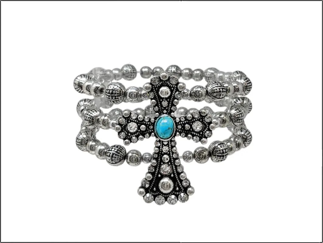SILVER CROSS STRETCH BRACELET TURQUOISE STONE ( 03283 SB ) made by Oh My Jewelry