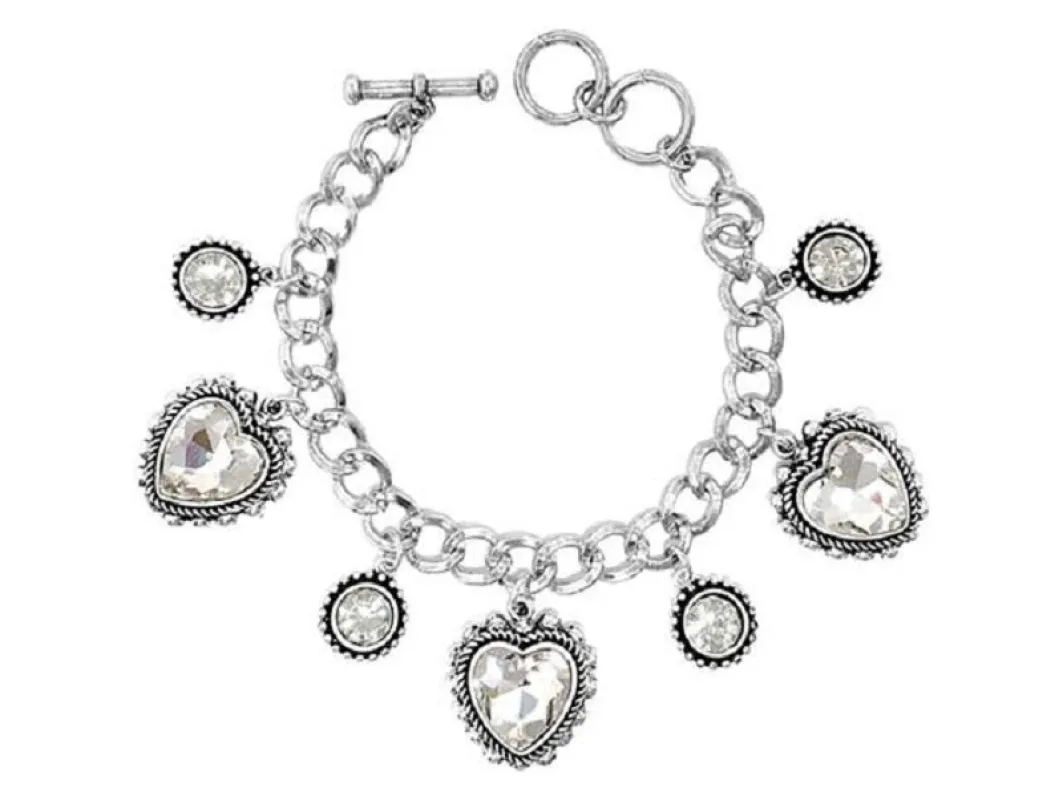 SILVER HEART CHARM BRACELET CLEAR STONES ( 03229 ASCR ) sold by Oh My Jewelry