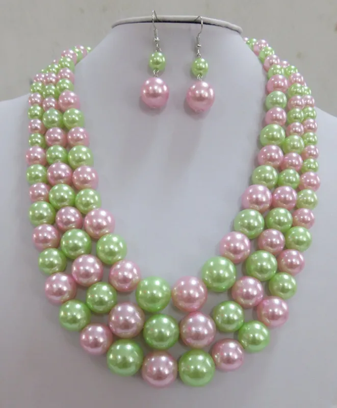 3 STRAND PINK GREEN NECKLACE SET ( 593 PKGN ) sold by Oh My Jewelry