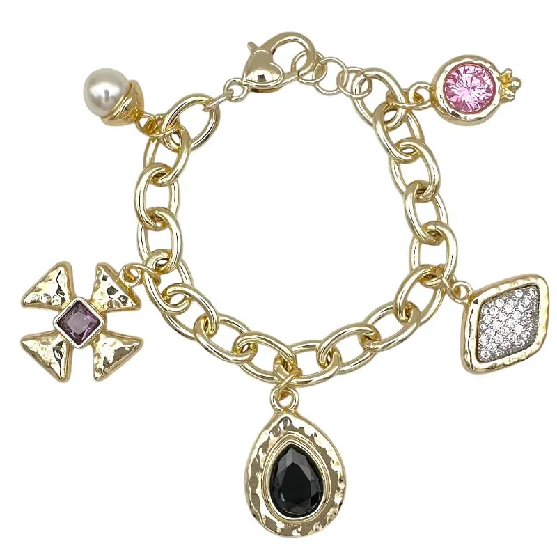 14K GOLD PLATED CHARM BRACELET MULTICOLOR CZ STONES ( 9961 BG ) sold by Oh My Jewelry