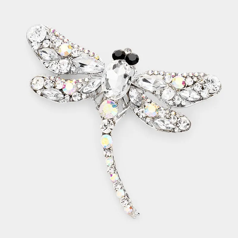 SILVER DRAGONFLY BROOCH WITH CLEAR AND AB RHINESTONES ( 1345 SAB ) made by Oh My Jewelry