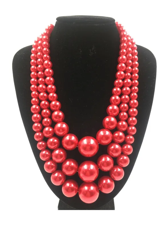 RED Pearl Beaded Multi Size 3 Layer Necklace with Earrings ( 0059 2RD ) sold by Oh My Jewelry