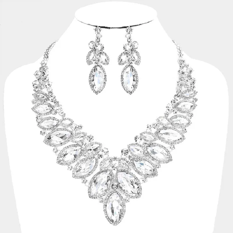 Silver Clear 2 Line Marquise Rhinestone Formal Evening Necklace with Earrings ( 0059 3C ) sold by Oh My Jewelry