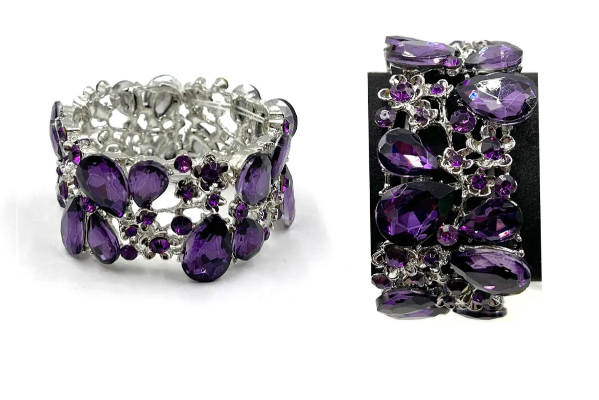 Silver Stretch Bracelet with Purple Rhinestones ( 0115 3U-1 ) sold by Oh My Jewelry