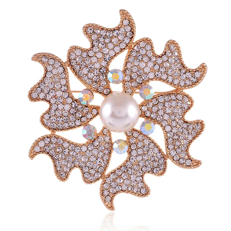 3.25" Gold CLEAR Rhinestone Pearl Flower Brooch ( 1331 GCL ) sold by Oh My Jewelry