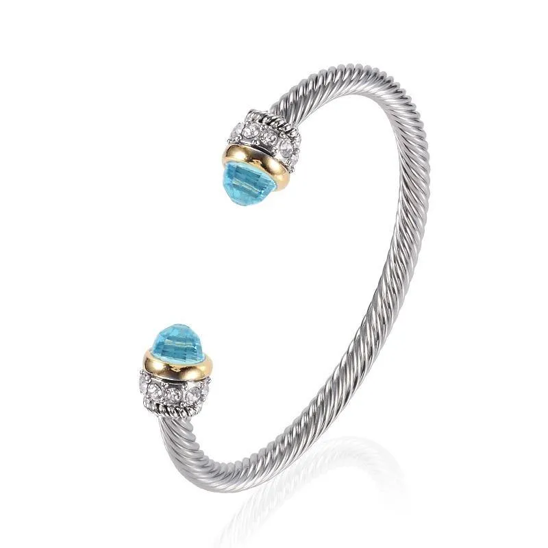 SILVER GOLD CUFF BANGLE AQUA STONES ( 1001 AQ ) sold by Oh My Jewelry