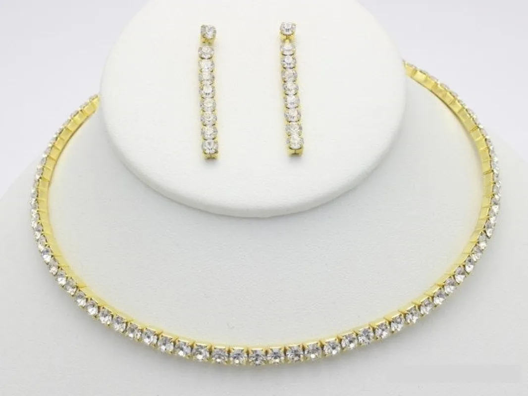 1 LINE GOLD CLEAR RHINESTONE CHOKER NECKLACE SET ( 8516 GCL ) made by Oh My Jewelry
