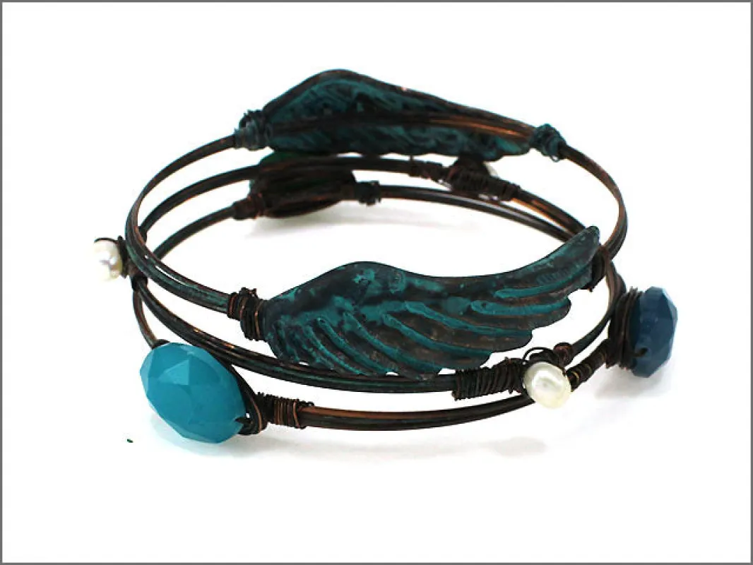 GOLD BANGLE WING TURQUOISE GREEN PATINA ( 0751 PTTQS ) sold by Oh My Jewelry