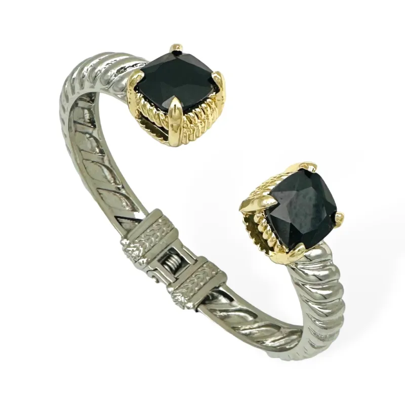 SILVER GOLD CUFF BANGLE BLACK CZ STONES ( 9239 KJ ) sold by Oh My Jewelry
