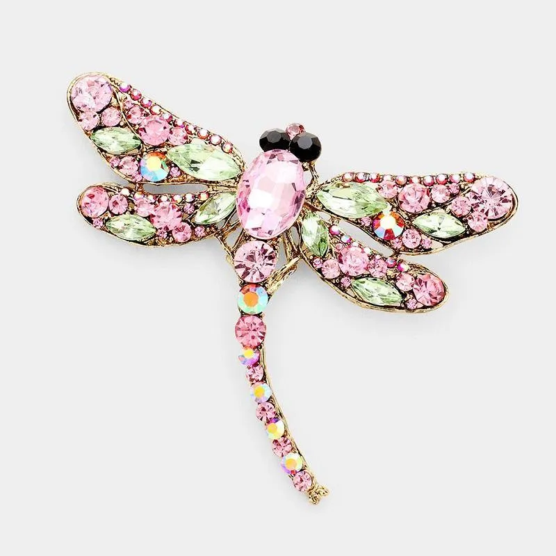GOLD DRAGONFLY BROOCH WITH PINK AND GREEN RHINESTONES ( P1345 PKGR ) sold by Oh My Jewelry