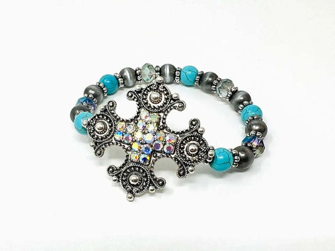 CROSS TURQUOISE SILVER STRETCH BRACELET ( 2414 SBTQAB ) made by Oh My Jewelry