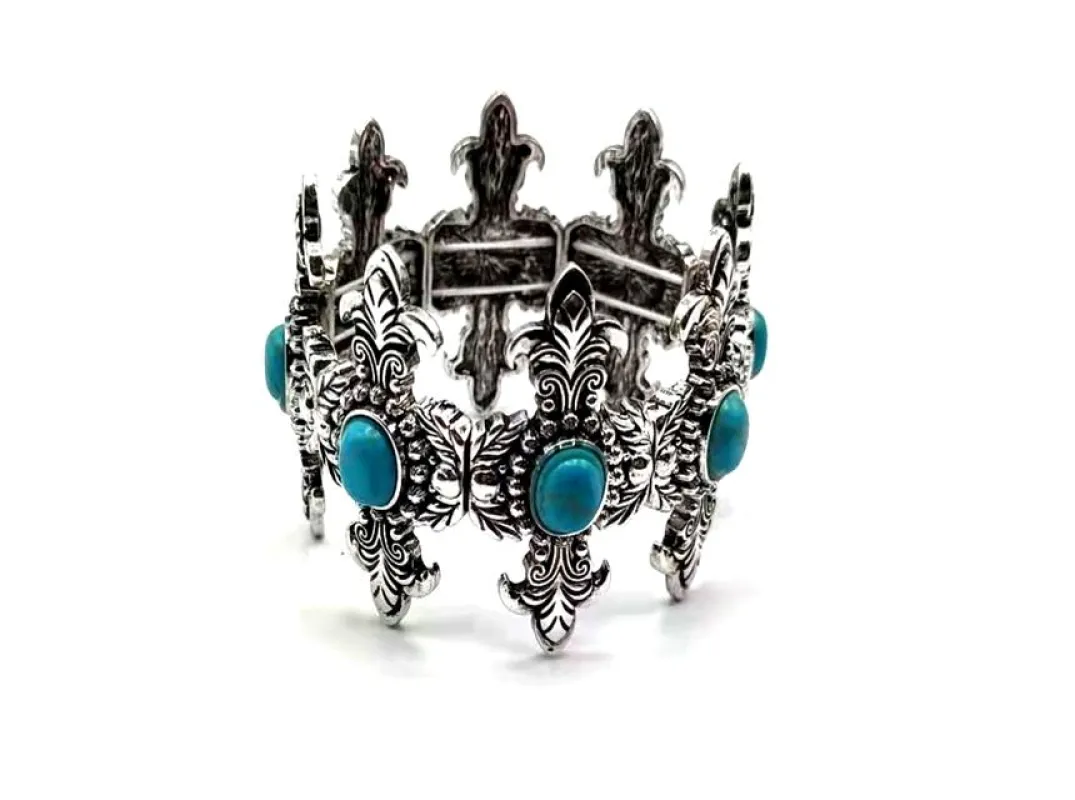 SILVER TURQUOISE CROSS STRETCH BRACELET ( 2226 SBTQ ) sold by Oh My Jewelry