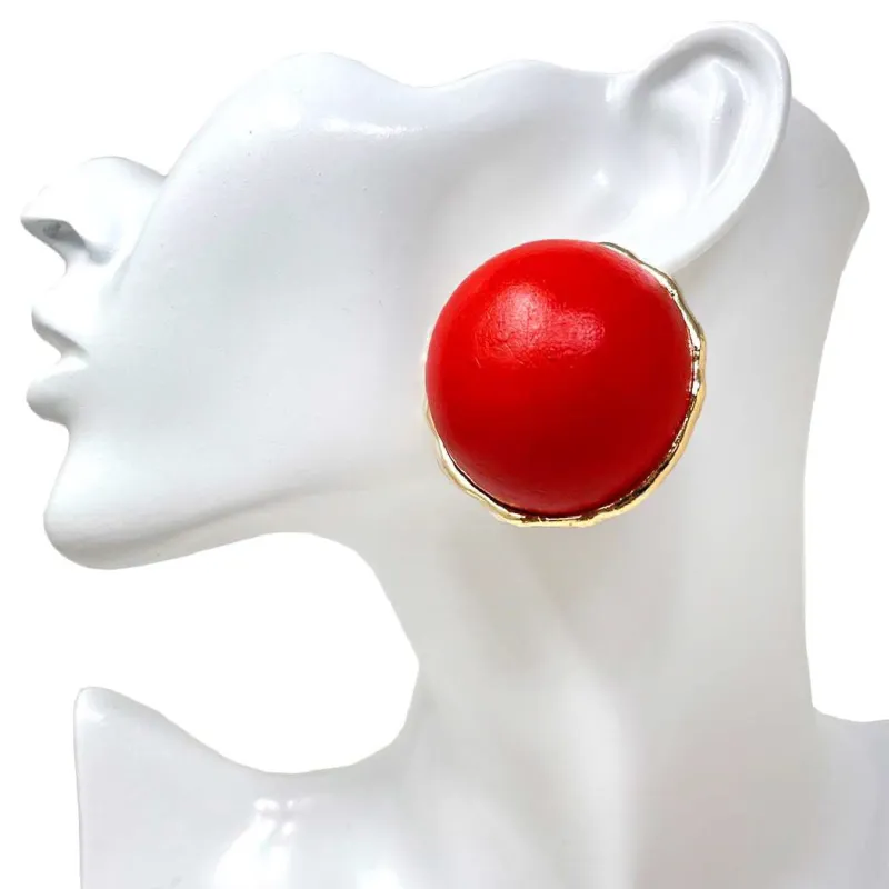 GOLD RED WOODEN ROUND EARRINGS ( 10319 GRD ) sold by Oh My Jewelry