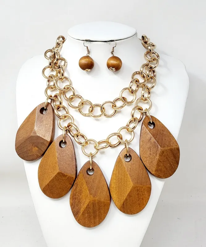 GOLD BROWN WOOD NECKLACE SET ( 11191 GBR ) sold by Oh My Jewelry