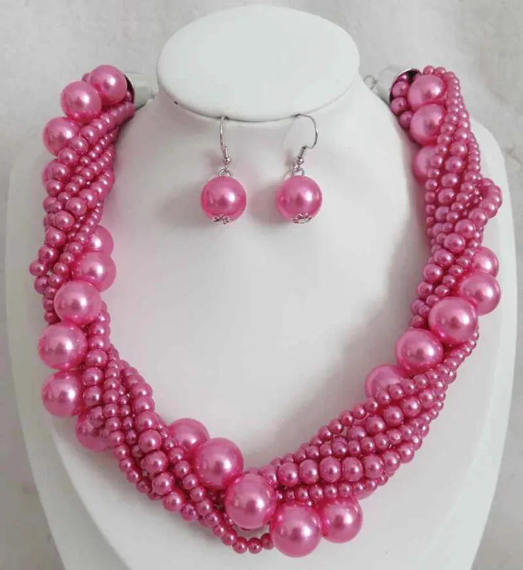 SILVER PINK PEARL NECKLACE SET ( 603 PK ) sold by Oh My Jewelry