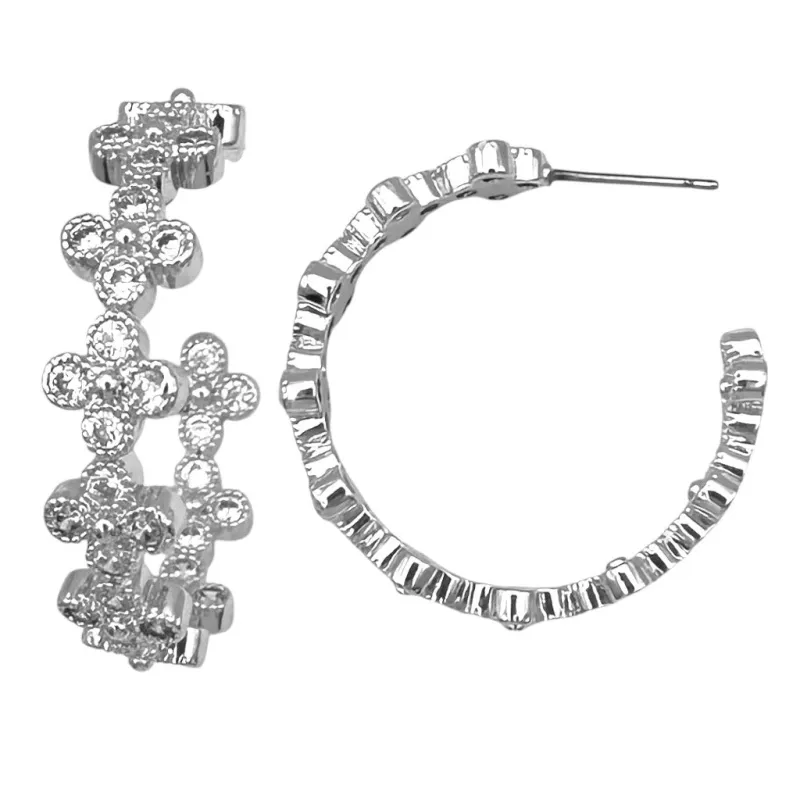 SILVER QUATREFOIL HOOP EARRINGS CZ STONES ( 1070 EX ) sold by Oh My Jewelry