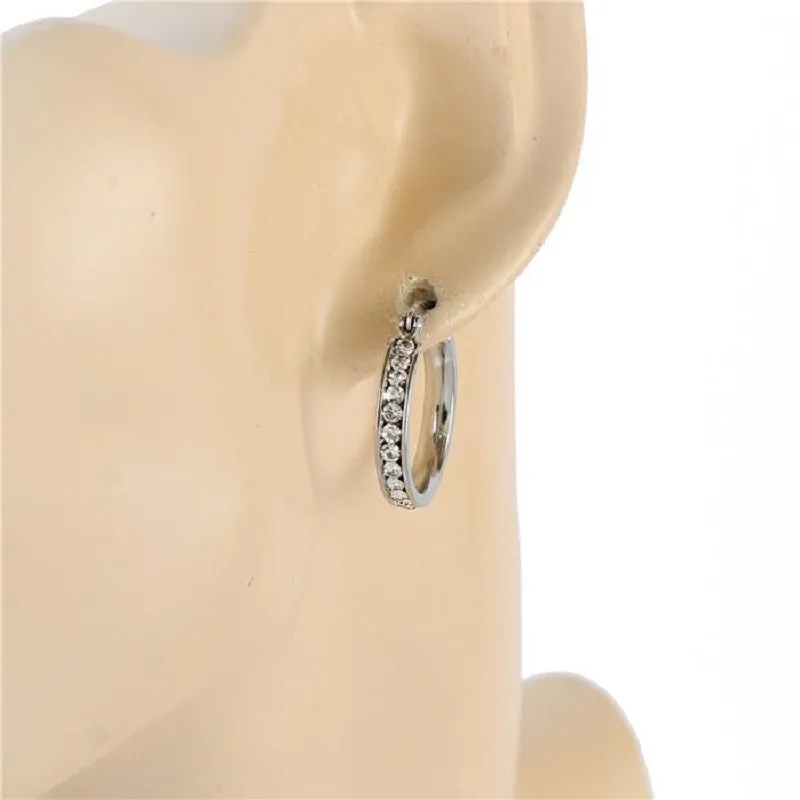 SILVER CLEAR RHINESTONES STAINLESS STEEL HOOP EARRINGS ( 559-20 ) sold by Oh My Jewelry