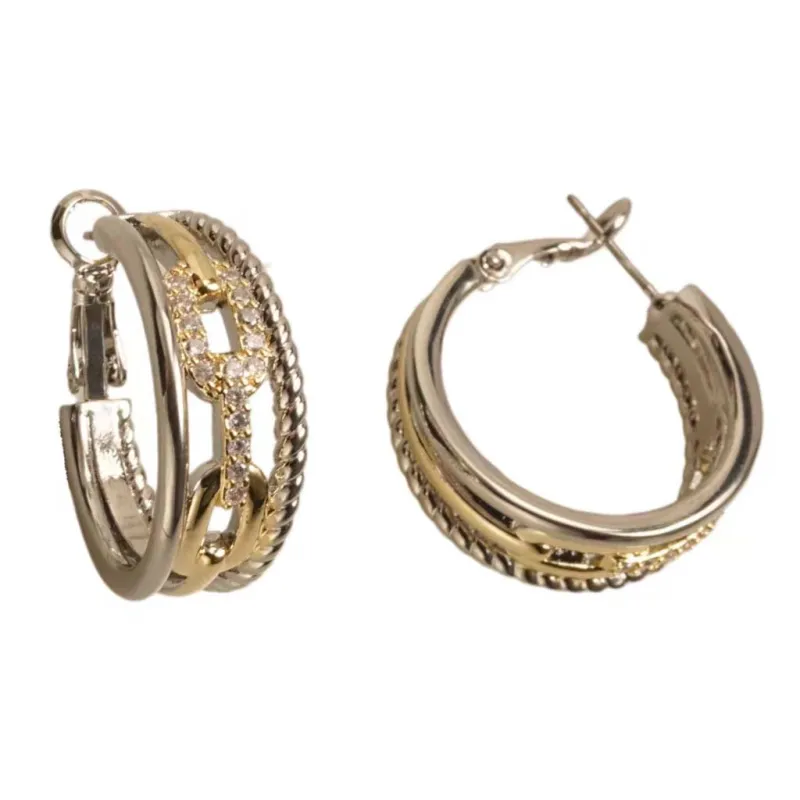 14K GOLD PLATED HOOP EARRINGS CZ STONES ( 7334 EK ) sold by Oh My Jewelry