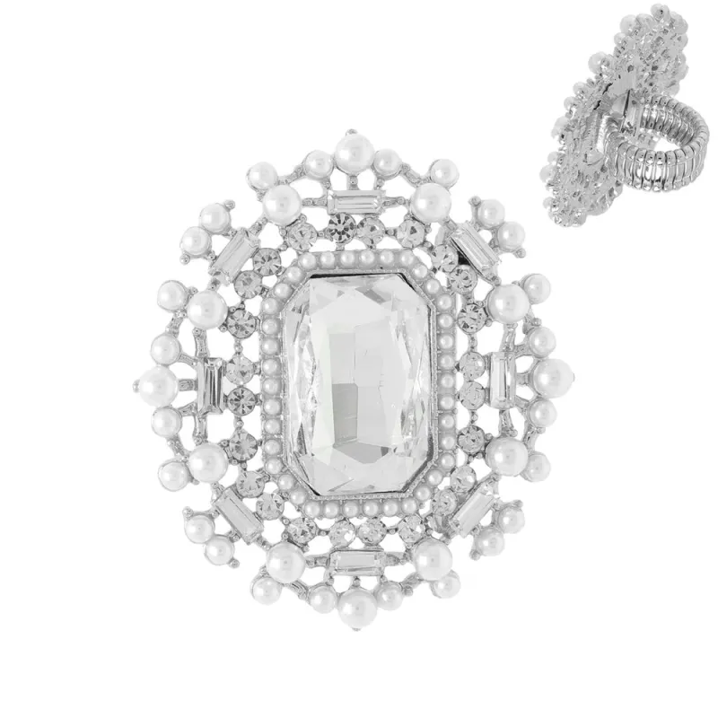 SILVER WHITE PEARL CLEAR STONE RING ( 77 RWH ) made by Oh My Jewelry