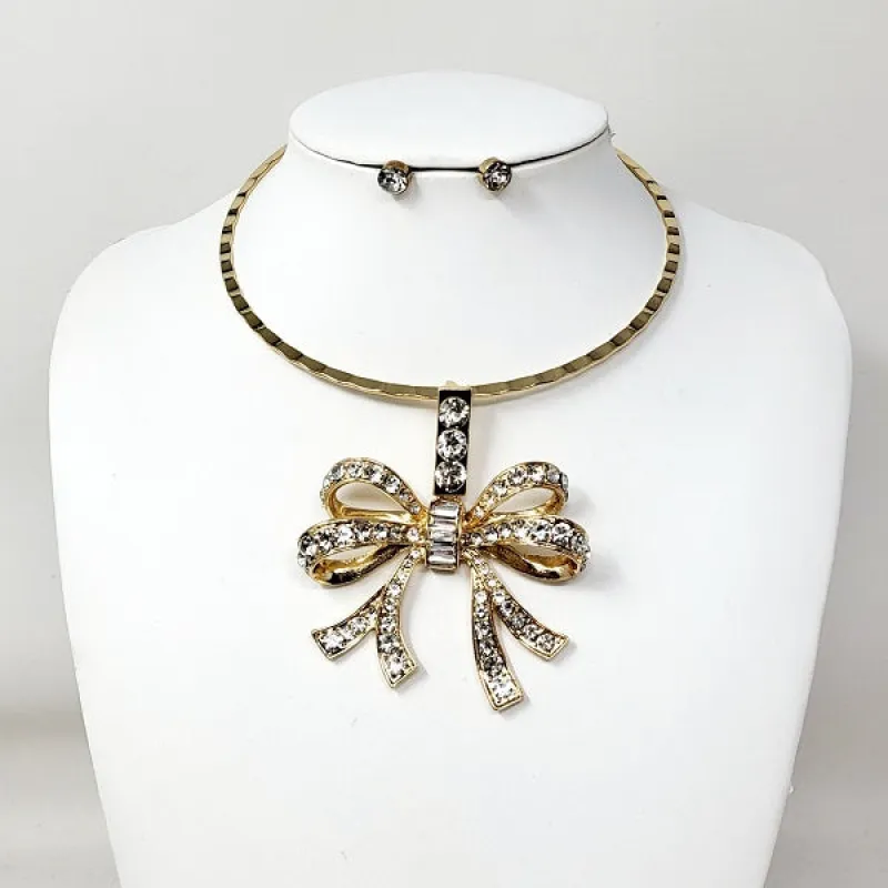 CHOKER NECKLACE SET CLEAR STONES BOW ( 11151 GCL ) sold by Oh My Jewelry