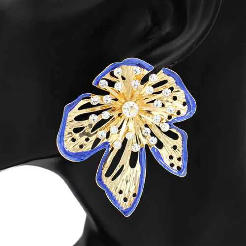 GOLD BLUE FLORAL EARRINGS ( 2813 BL ) sold by Oh My Jewelry