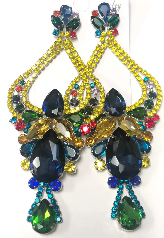 LARGE GOLD CHANDELIER EARRINGS MULTI COLOR STONES ( 2679 GMT ) sold by Oh My Jewelry