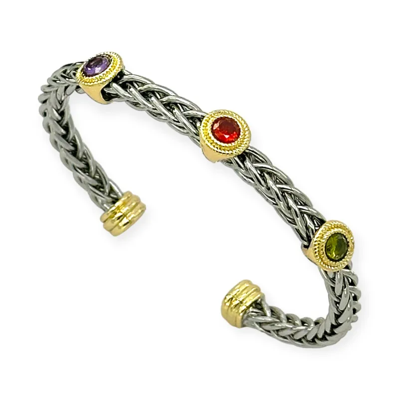 SILVER GOLD CUFF BANGLE MULTICOLOR CZ STONES ( 8350 BKDM ) sold by Oh My Jewelry