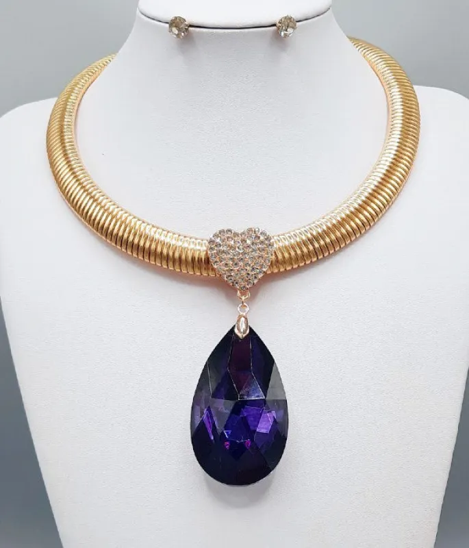 GOLD NECKLACE PURPLE TEARDROP PENDANT ( 3186 PU ) sold by Oh My Jewelry