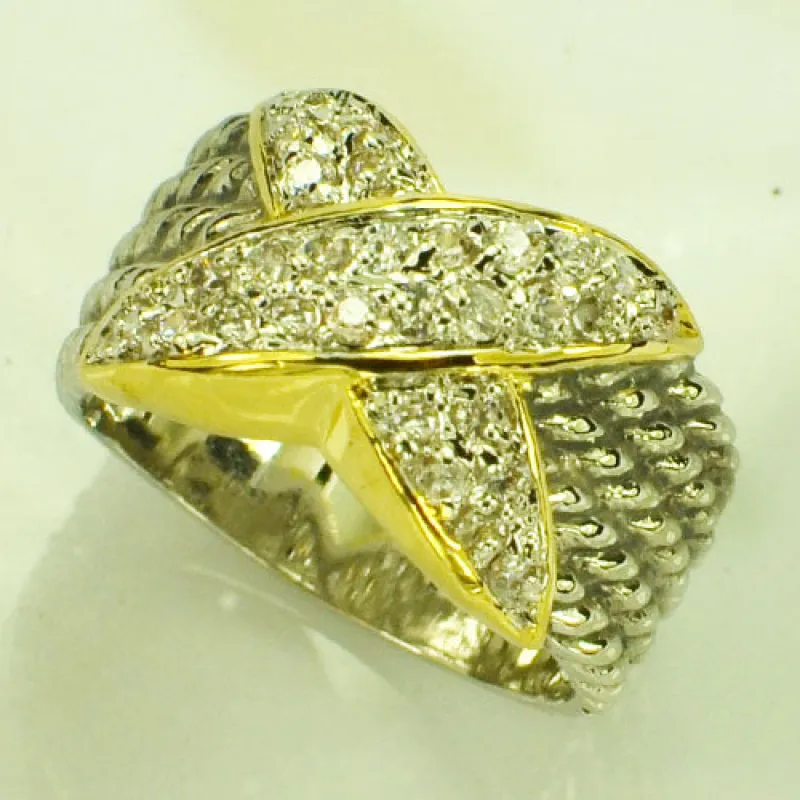 SILVER GOLD X RING CZ STONES SIZE 9 ( 0414 K9 ) made by Oh My Jewelry