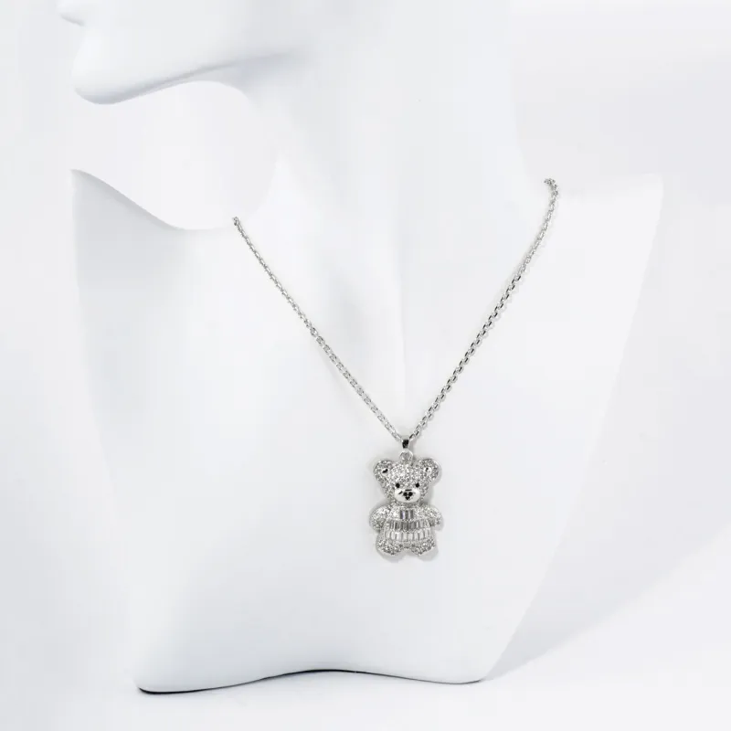 WHITE GOLD DIPPED NECKLACE BEAR PENDANT CLEAR STONES ( 6008 RCR ) sold by Oh My Jewelry