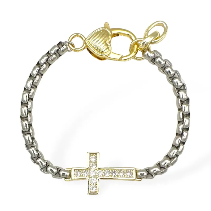 14K GOLD PLATED CROSS BRACELET CLEAR CZ STONES ( 9447 ) sold by Oh My Jewelry
