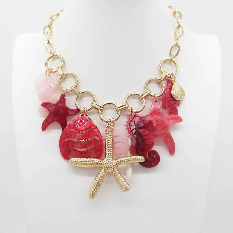 GOLD RED SEA LIFE CHARM NECKLACE ( 0199 RED ) sold by Oh My Jewelry