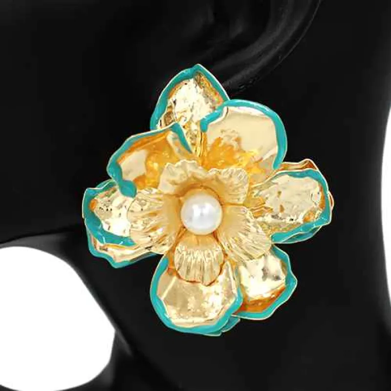 GOLD TURQUOISE FLOWER EARRINGS ( 2812 TQ ) sold by Oh My Jewelry