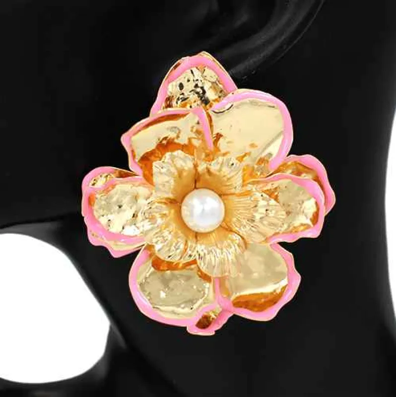 GOLD LIGHT PINK FLOWER EARRINGS ( 2812 LPK ) sold by Oh My Jewelry