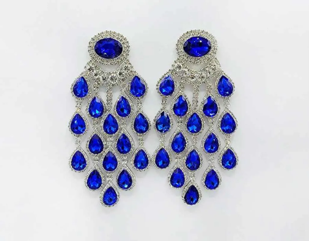 SILVER BLUE CLEAR RHINESTONE PAVED TEARDROP CHANDELIER EARRINGS ( 2588 RHRBL ) made by Oh My Jewelry