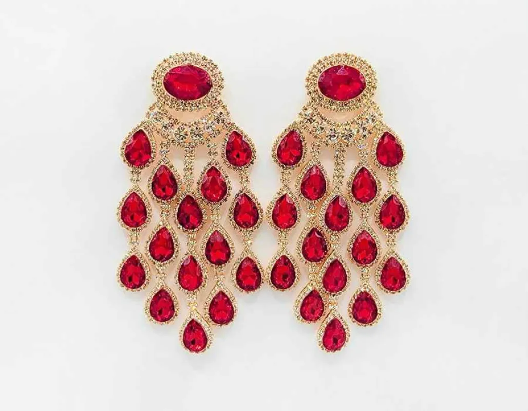 GOLD RED CLEAR RHINESTONE PAVED TEARDROP CHANDELIER EARRINGS ( 2588 GDRD ) sold by Oh My Jewelry