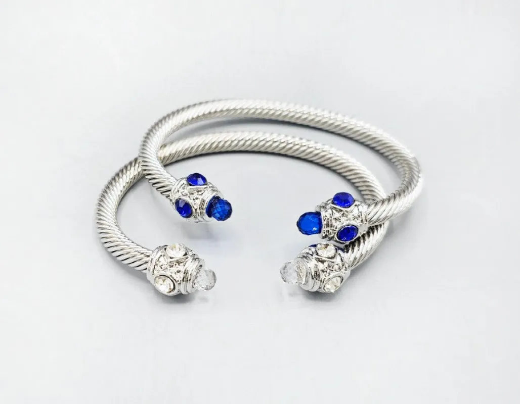 SILVER CUFF BANGLE SET BLUE CLEAR STONES ( 1596 BLWHT ) sold by Oh My Jewelry
