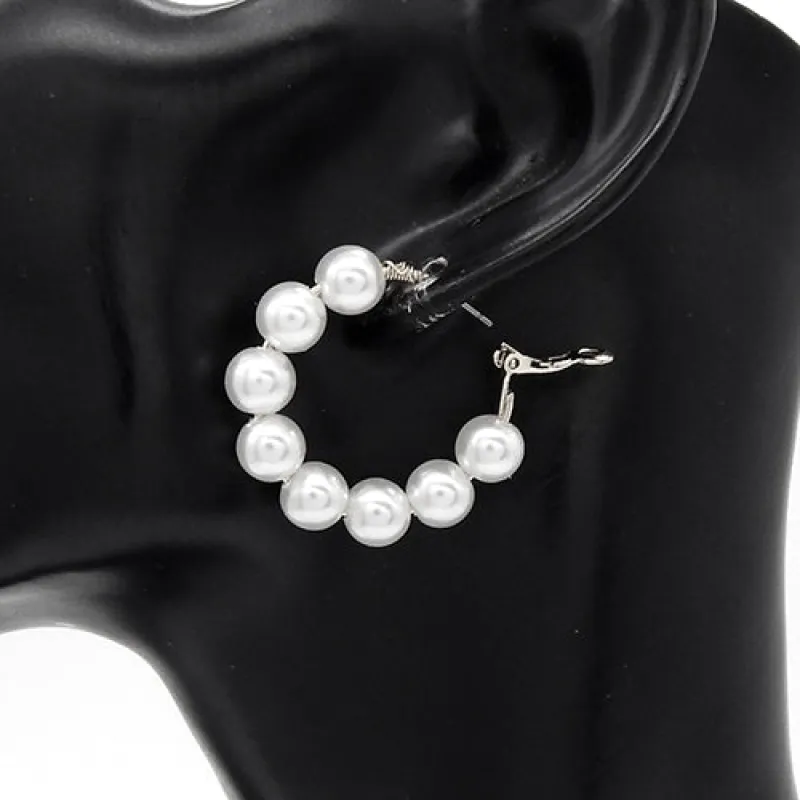 Silver White Pearl Hoop Earrings ( 3561 RDWHT ) sold by Oh My Jewelry