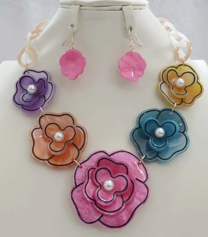 GOLD MULTICOLOR FLOWER NECKLACE SET ( 5131 MT ) sold by Oh My Jewelry