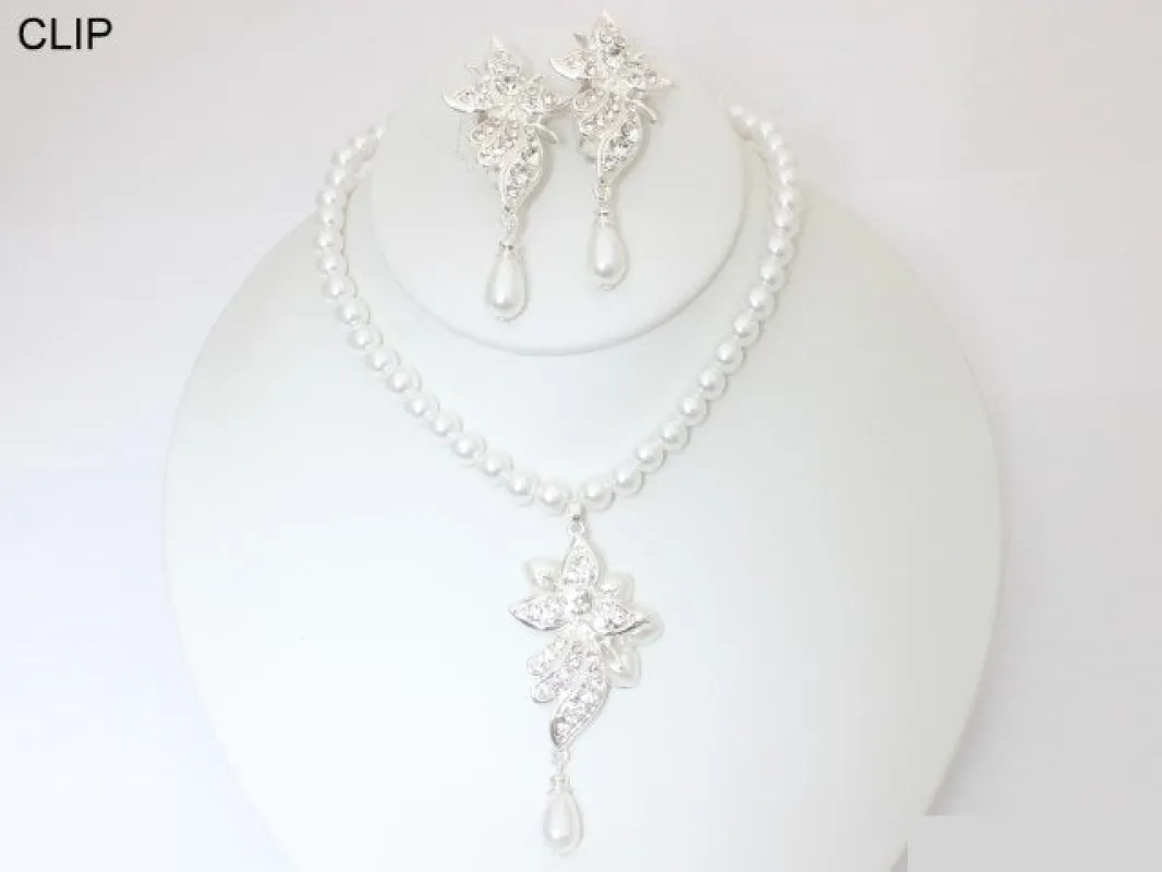 Silver White Pearl Necklace Clear Stones ( 20473 SWH ) sold by Oh My Jewelry