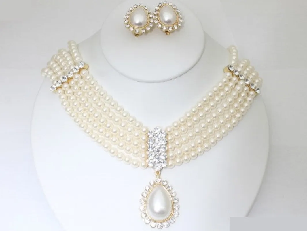 Gold Cream PEARL NECKLACE SET CLIP ON EARRINGS ( 19703 GCR ) made by Oh My Jewelry