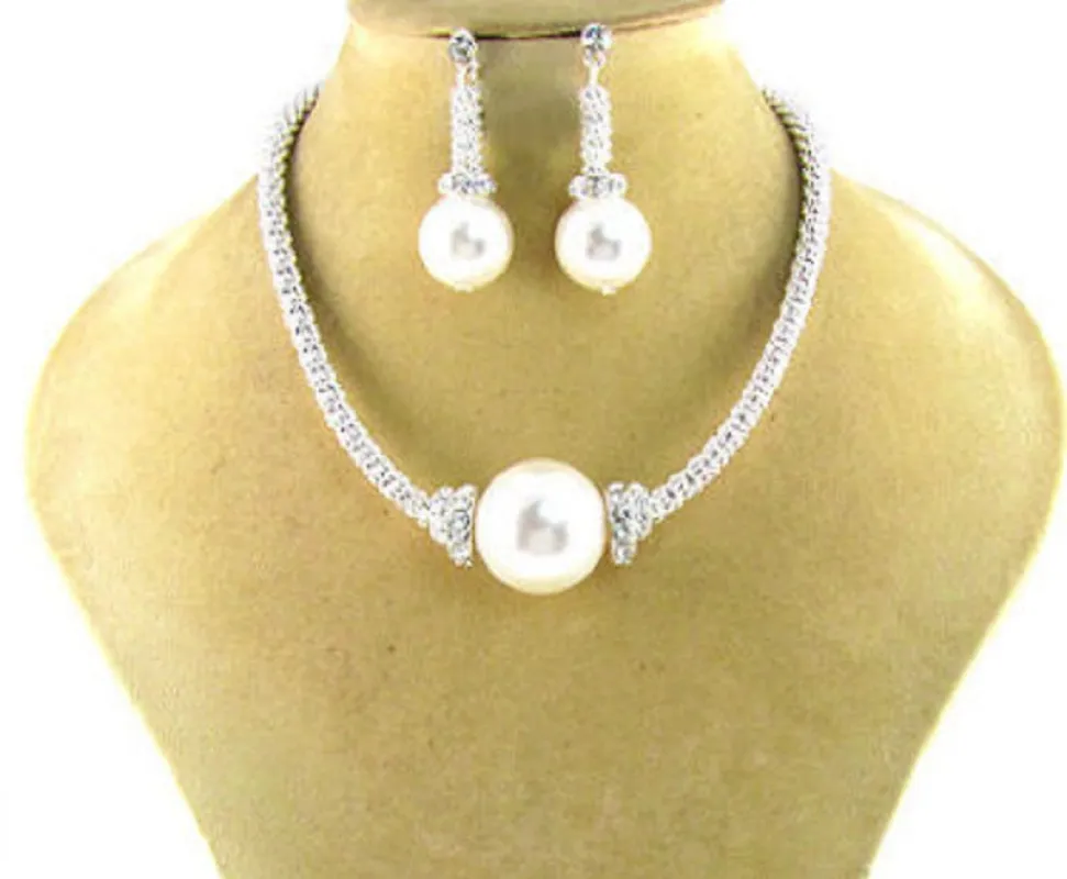 Single White Pearl and Rhinestone Silver Necklace Set with Matching Earrings ( 12910 SWH ) sold by Oh My Jewelry