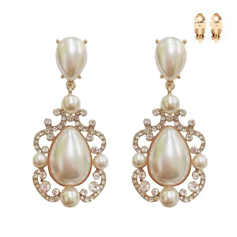 GOLD CLIP ON CLEAR STONES CREAM PEARLS EARRINGS ( 175 GCR ) sold by Oh My Jewelry