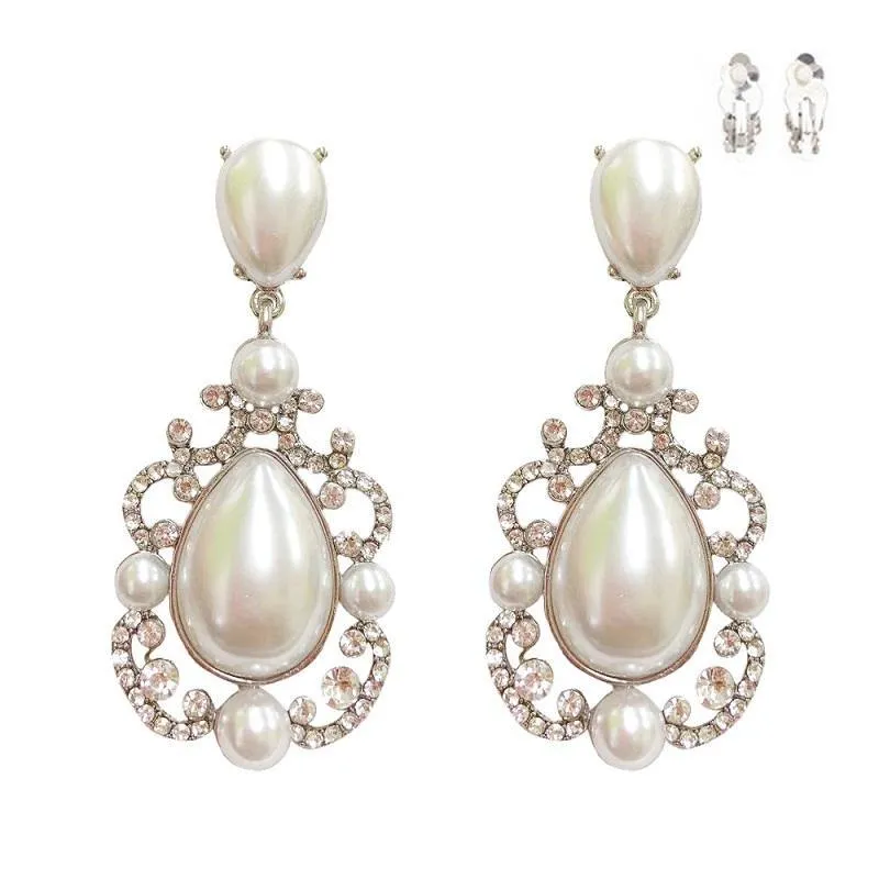 SILVER WHITE PEARL CLEAR STONE CLIP ON EARRINGS ( 175 RWH ) sold by Oh My Jewelry
